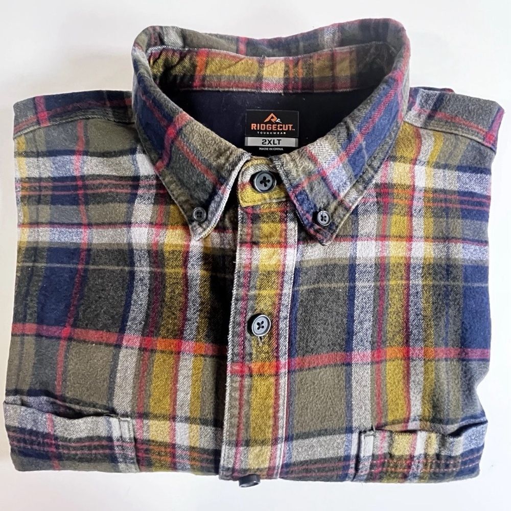 Ridgecut Toughwear Men's Heavy Cotton Long Sleeve Shirt Plaid Grn Navy Tan 2XLT